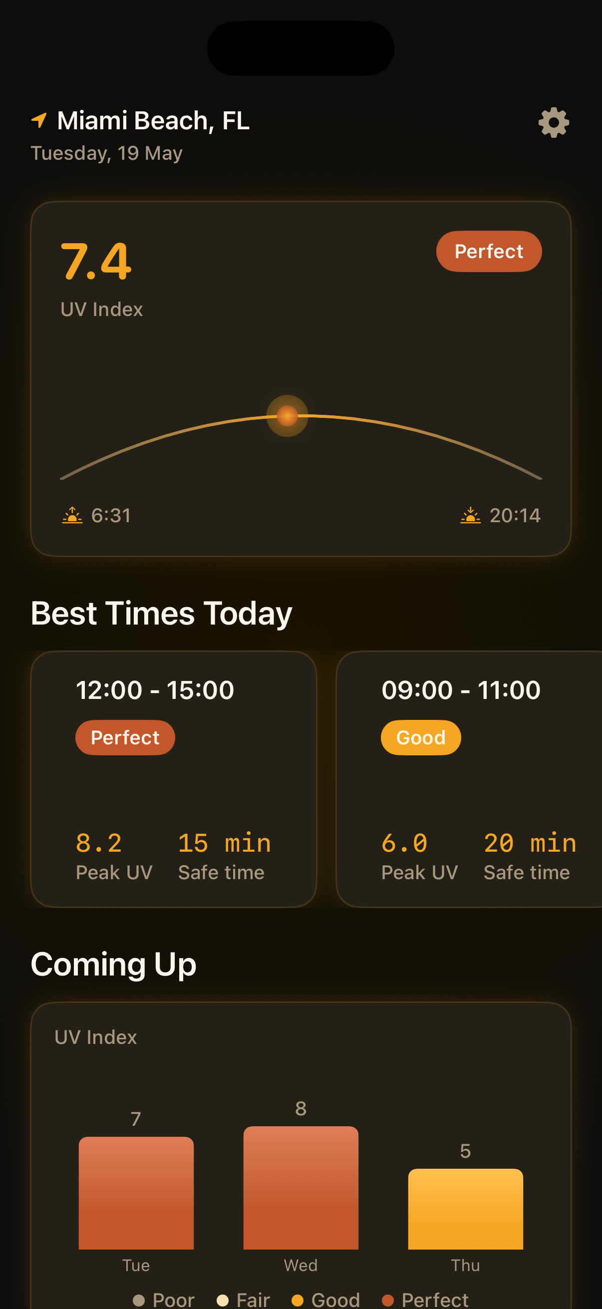 Helio Tan home screen showing UV index 7.4, sun arc, and tanning windows