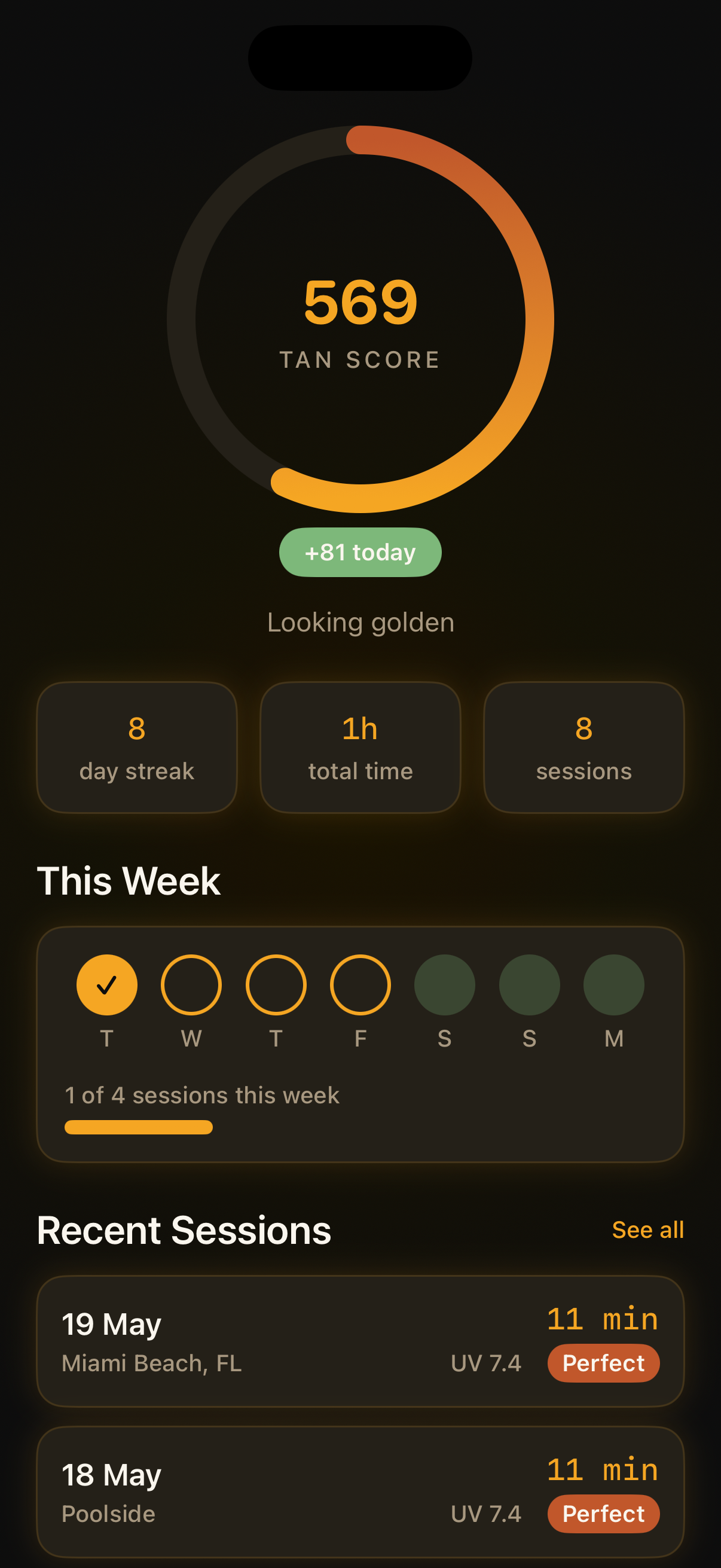 Progress tracking screen showing tan score, streaks and recent sessions