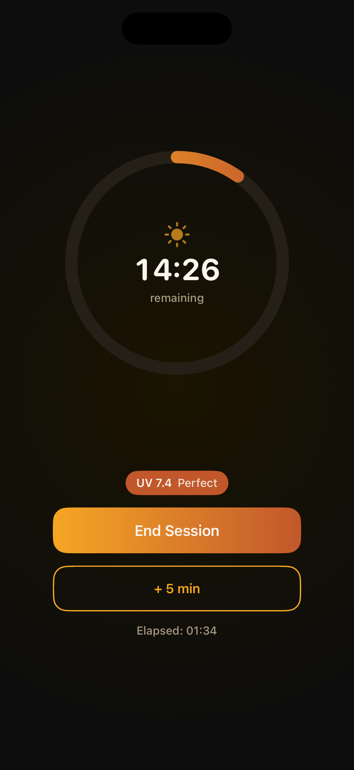 Session timer screen showing 14:32 remaining